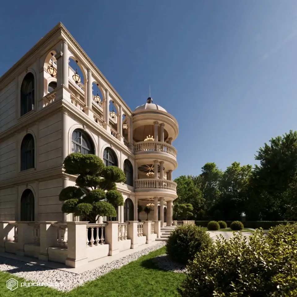 A film of a classic villa, moving between its ornate facade, colonnaded terrace and landscaped setting.