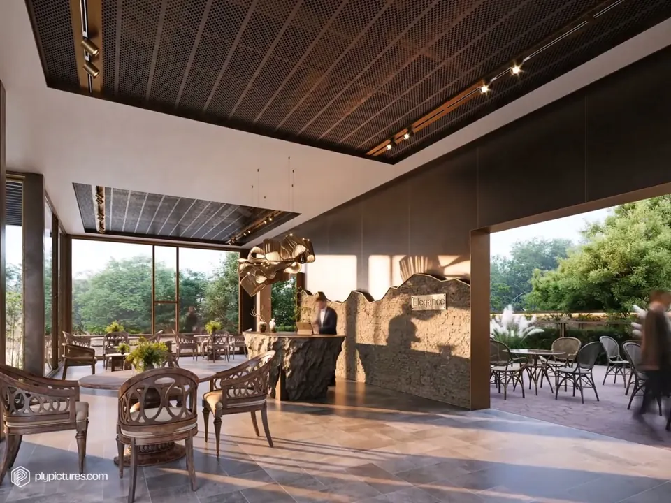An atmospheric restaurant film exploring seating, sculptural lighting, material details and the garden outlook.