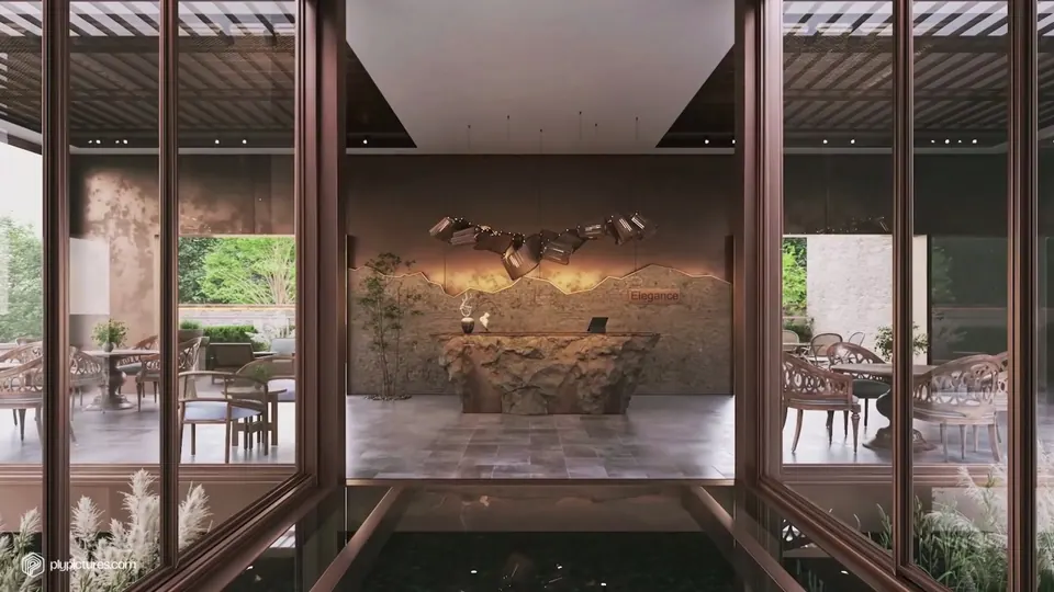 A longer architectural film moving through the restaurant, its greenery, water feature and interior details.