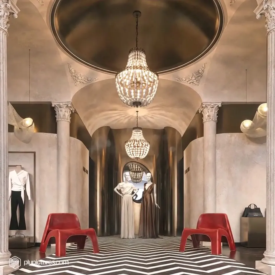 A short interior film exploring the boutique’s sculptural forms, warm lighting, display spaces and patterned floor.