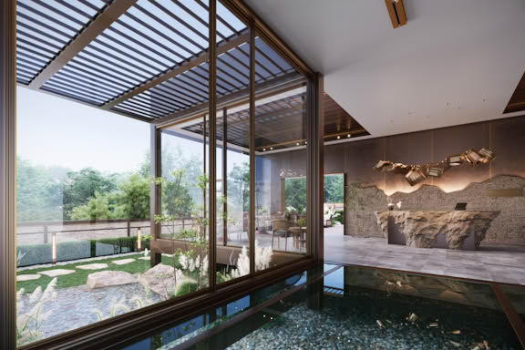 Modern café interior with floor-to-ceiling glass, landscaped outdoor garden views, natural stone counter, and artistic pendant lighting