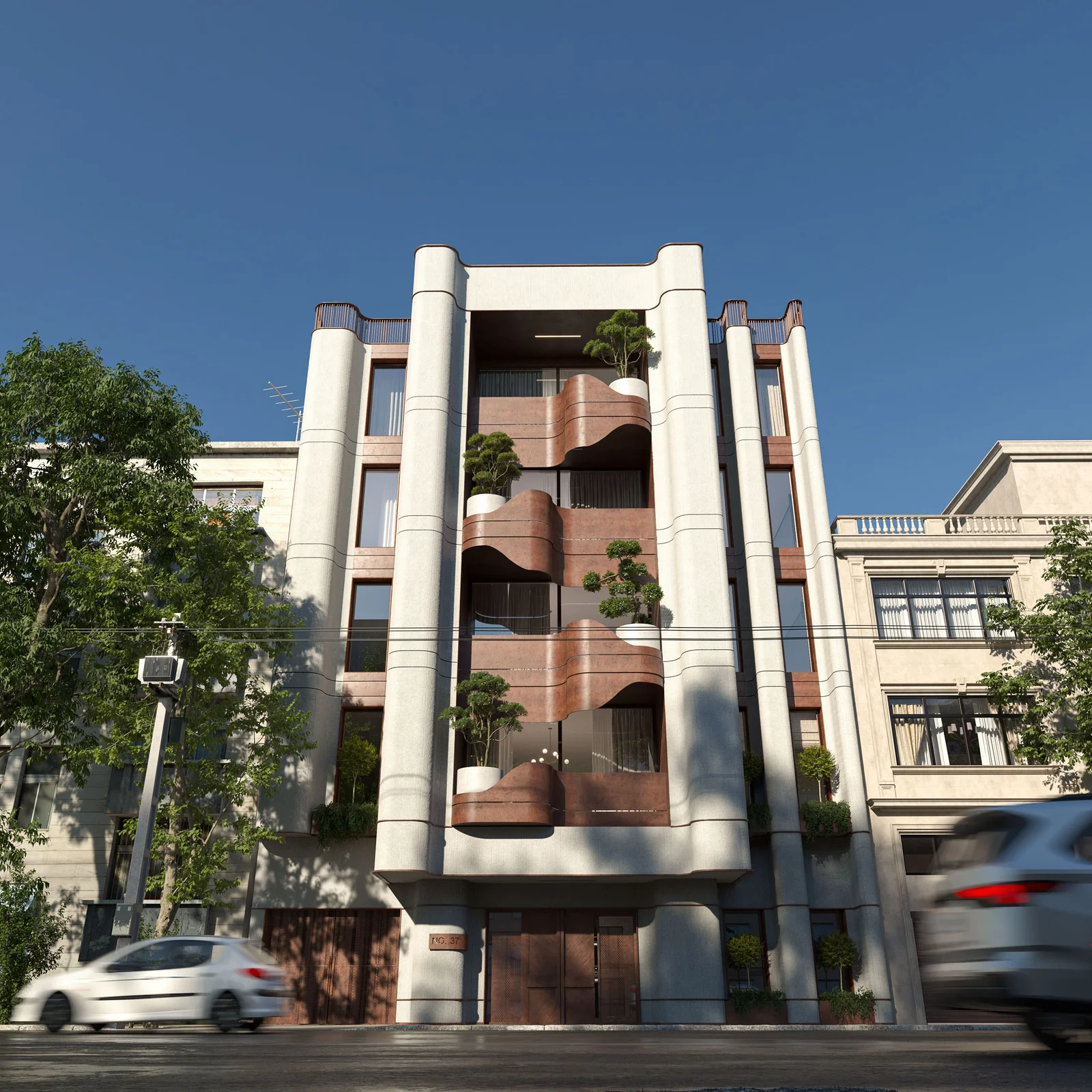 Apartment No. 37 street elevation with cream vertical facade columns, curved brown balconies and planted terraces.