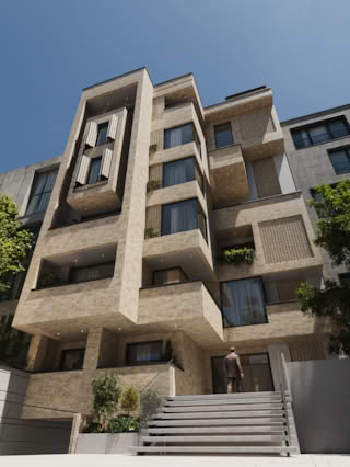 Modern apartment building with balconies and greenery.