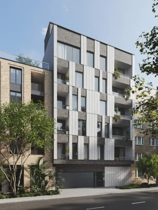 Modern apartment building with stone and glass facade.