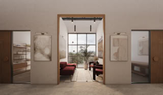 Contemporary beauty salon waiting room with comfortable seating, wooden shelves, skincare products, and soft ambient lighting.