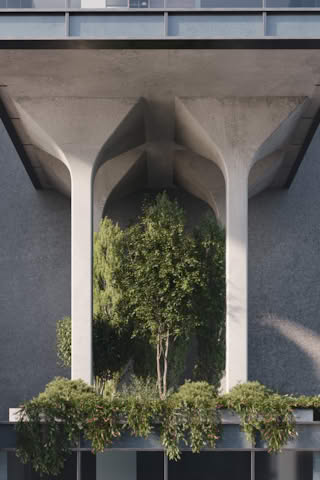 A close-up detailed shot of a modern architectural design featuring arched openings and lush greenery.