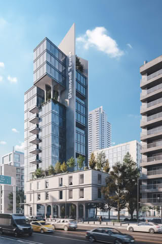 Modern high-rise building labeled 'Diamond Tower' with glass facade and greenery on balconies.