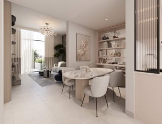 A modern dining area with a marble table and chairs in well-lit apartment.