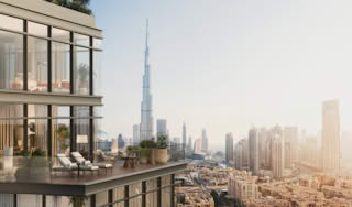 Modern residential penthouse with Burj Khalifa view in Dubai.