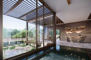 Modern indoor-outdoor space with large windows, stone table, and garden view.