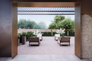 A modern outdoor seating area with wooden furniture and potted plants under a pergola.