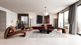 Elegant neo-classic living room with curved furniture and floor-to-ceiling windows