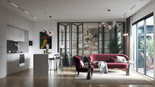 Modern European studio apartment with red sofa, glass chandelier, and open kitchen.
