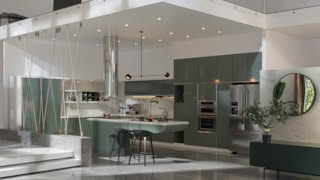 Modern kitchen with green cabinets, marble countertops, and hanging ropes.
