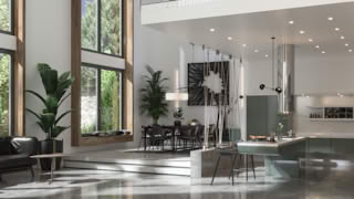 Modern living room and kitchen with green accents large windows.