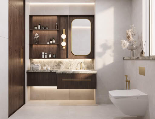 A modern bathroom with green marble countertop and wooden storage cabinet.