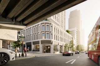 Photorealistic street-level rendering of London Croydon Tower showing a curved corner building with large windows, pedestrians, cars, and a double-decker bus under an overpass.