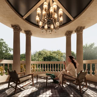 Luxury classic villa balcony with Corinthian columns, chandelier and garden views