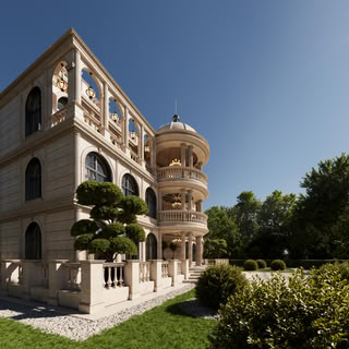 Luxury classical villa side view with balconies, arched windows and garden