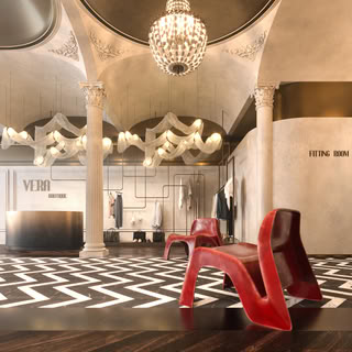 Luxury fashion boutique interior with Corinthian columns and sculptural lighting