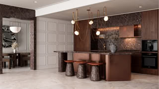 Luxury neo-classic kitchen with marble, bronze finishes and sculptural lighting