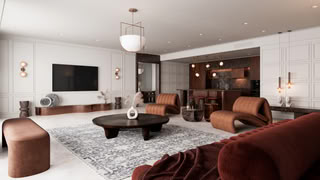 Luxury neo-classic living room with sculptural furniture and open kitchen