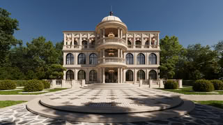 Luxury neoclassical villa facade with curved balconies and landscaped garden