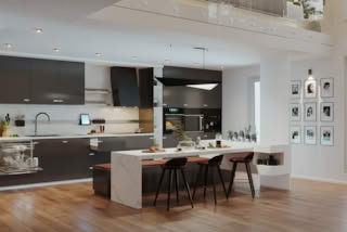 Modern kitchen with dark cabinets, white marble island, and wooden floor.