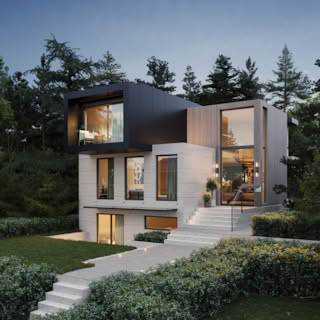 Modern cube-style villa in Toronto, Canada with black and wood paneling, large glass windows, and elevated entrance surrounded by greenery.