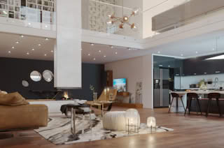 A modern living room with a fireplace, leather furniture, and kitchen in the background.