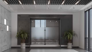 Elegant office conference room with frosted glass double doors, modern swivel chairs, and decorative plants on marble planters.