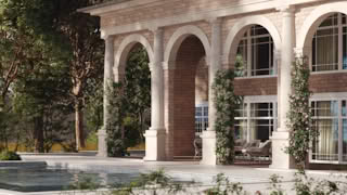 Luxury stone mansion in the USA featuring arched colonnade architecture with climbing vines and a private swimming pool.