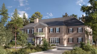 Front view of Stonehaven Manor, a classic USA estate with stone façade, symmetrical windows, and elegant balcony design.