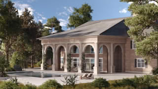 Backyard garden of Stonehaven Manor with large pool, arched veranda, and landscaped greenery surrounding the luxury stone estate.