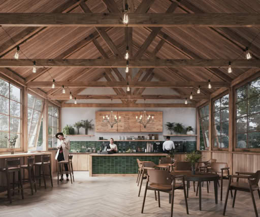 Cozy Swedish café interior with wooden beams, chandeliers, and green tile coffee counter.