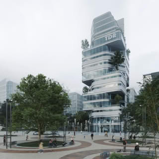 Daytime view of TDR Tower with curved glass design, urban plaza, and modern cityscape background.