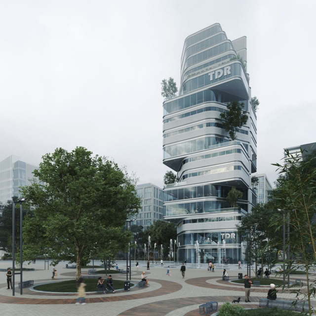 Photorealistic architectural visualization showing exterior rendering of a modern residential highrise building with natural lighting, materials, and landscaping - demonstrating Ply Pictures' expertise in architectural visualization services