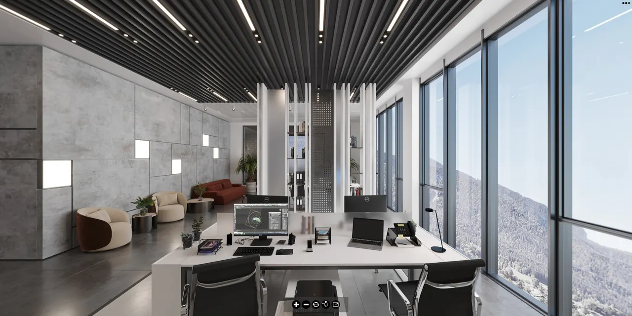 Explore desks, meeting areas and the outlook of an open workspace.