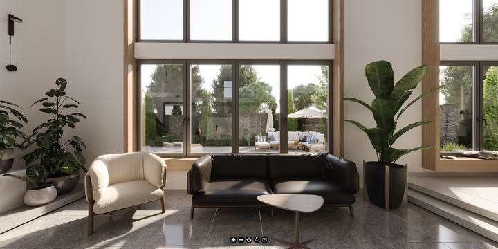 360-degree virtual reality rendering of a modern living room and kitchen with green accents and large windows.