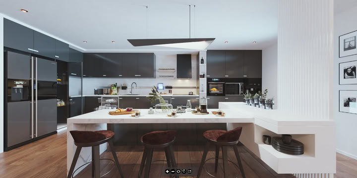 360-degree VR view of a villa kitchen with sleek black cabinets, marble island, and natural wood finishes
